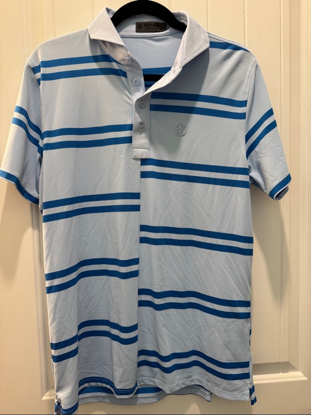 G/FORE Light Blue Polo with Bold Blue Stripes Golf